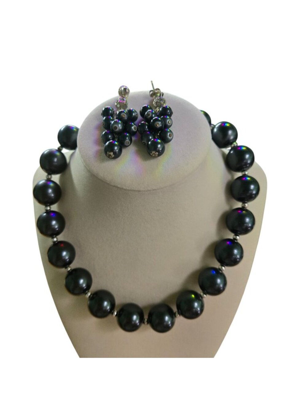 Vintage Robert Rose Dark Gray Chunky Beaded 16" Necklace Earring Set